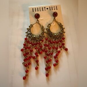 Vintage Robert Rose Red Beaded Chandelier Earrings | Gold Tone Statement